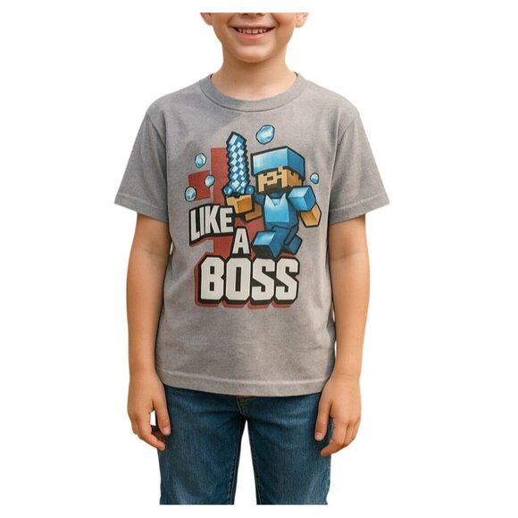 Mojang Jinx Minecraft Kids Size 10/12 T-Shirt Like A Boss Gray Graphic Tee - Picture 1 of 6